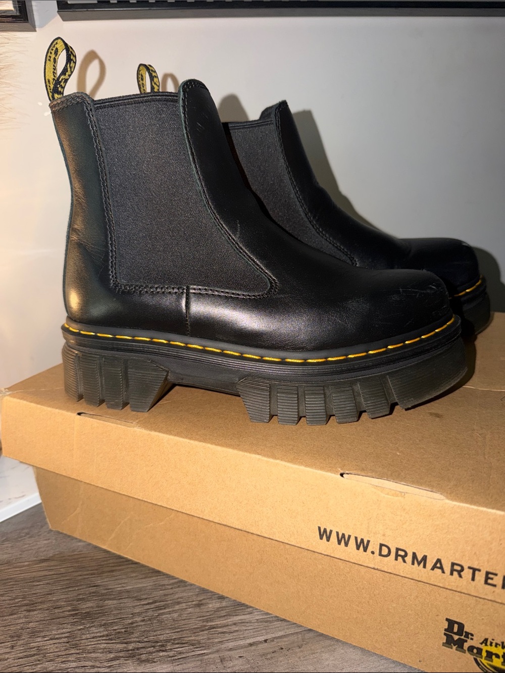 Dr. Martens Black Leather Platform Chelsea Boots with Yellow Stitching - Picture 2 of 11